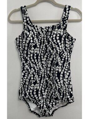 Lands End Mastectomy Tugless Low Leg One Piece Swimsuit Black White Floral 12